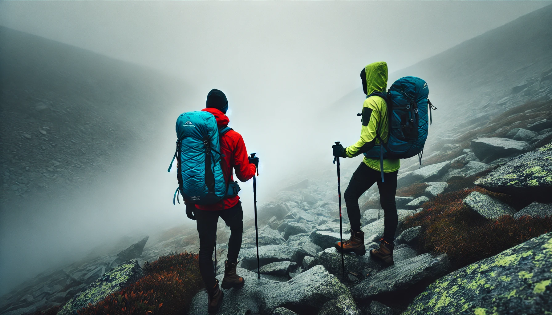 A foggy scene hiking on Mount Washington